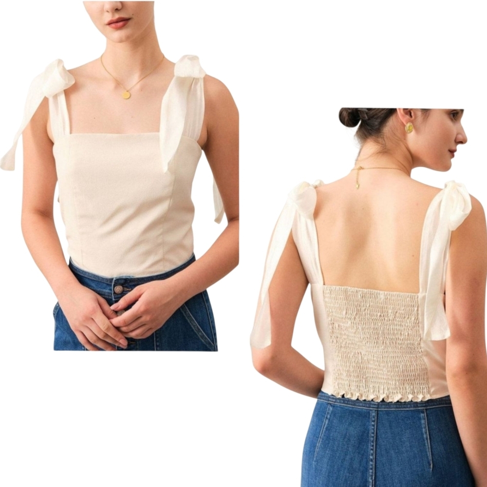 RIHOAS Cream Cropped Smocked Tie Shoulder Top Size Small